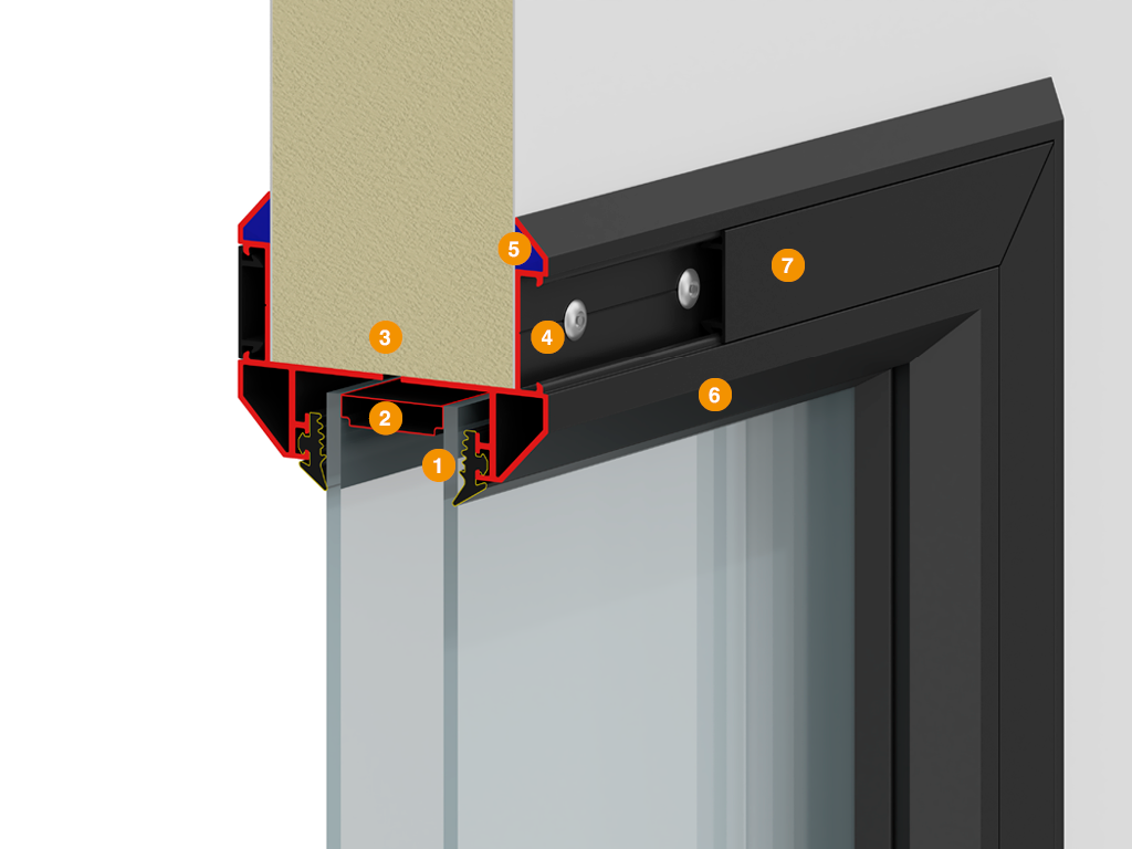 Окно в алюминиевой раме с заполнением прозрачным поликарбонатом толщиной 3 мм. Стандартный цвет рамы – RAL 9005 (черный).  1 - уплотнитель резиновый 2 - профиль стеклопакета с осушителем 3 - терморазрыв внешнего и внутреннего профиля 4 - заклепка вытяжная крепления профиля 5 - герметик силиконовый 6 - профиль алюминиевый с порошковым покрытием 7 - крышка профиля окантовки окна